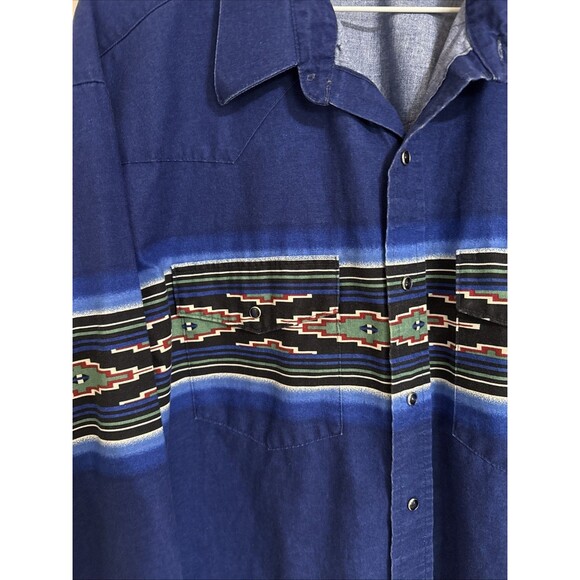 Wrangler Pearl Snap Western Shirt XL Cowboy Rodeo Aztec Southwestern Blue Vtg - Picture 3 of 9